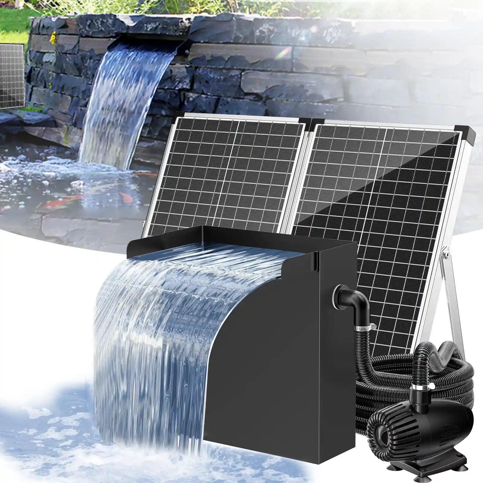 Kit de pompe solaire cascade 70 W 580 GPH avec déversoir 12" x 13,4"