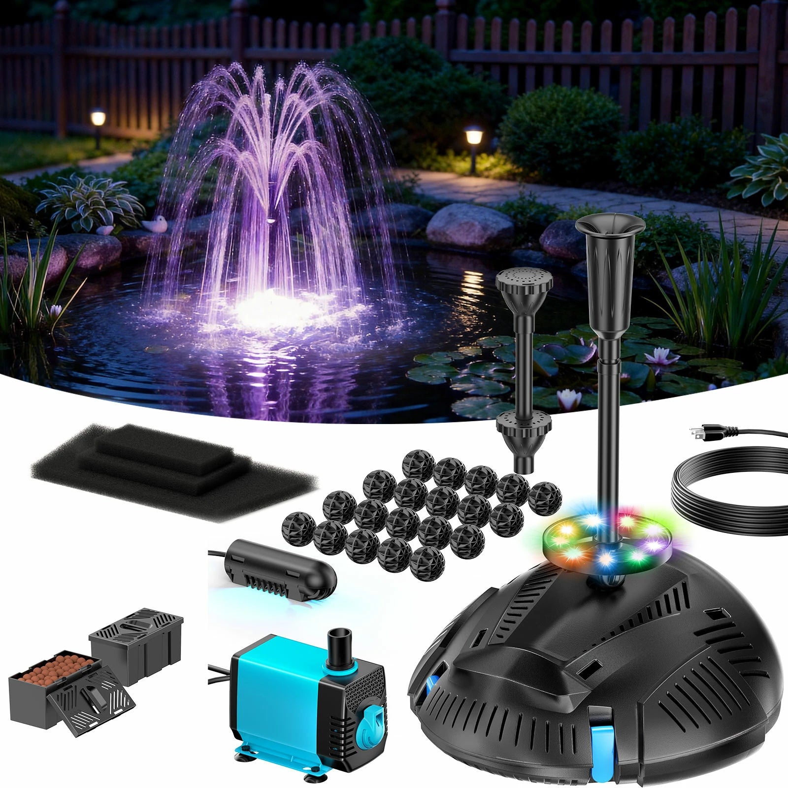 PF300 40W 660GPH AC Pond Filter Fountain with Light