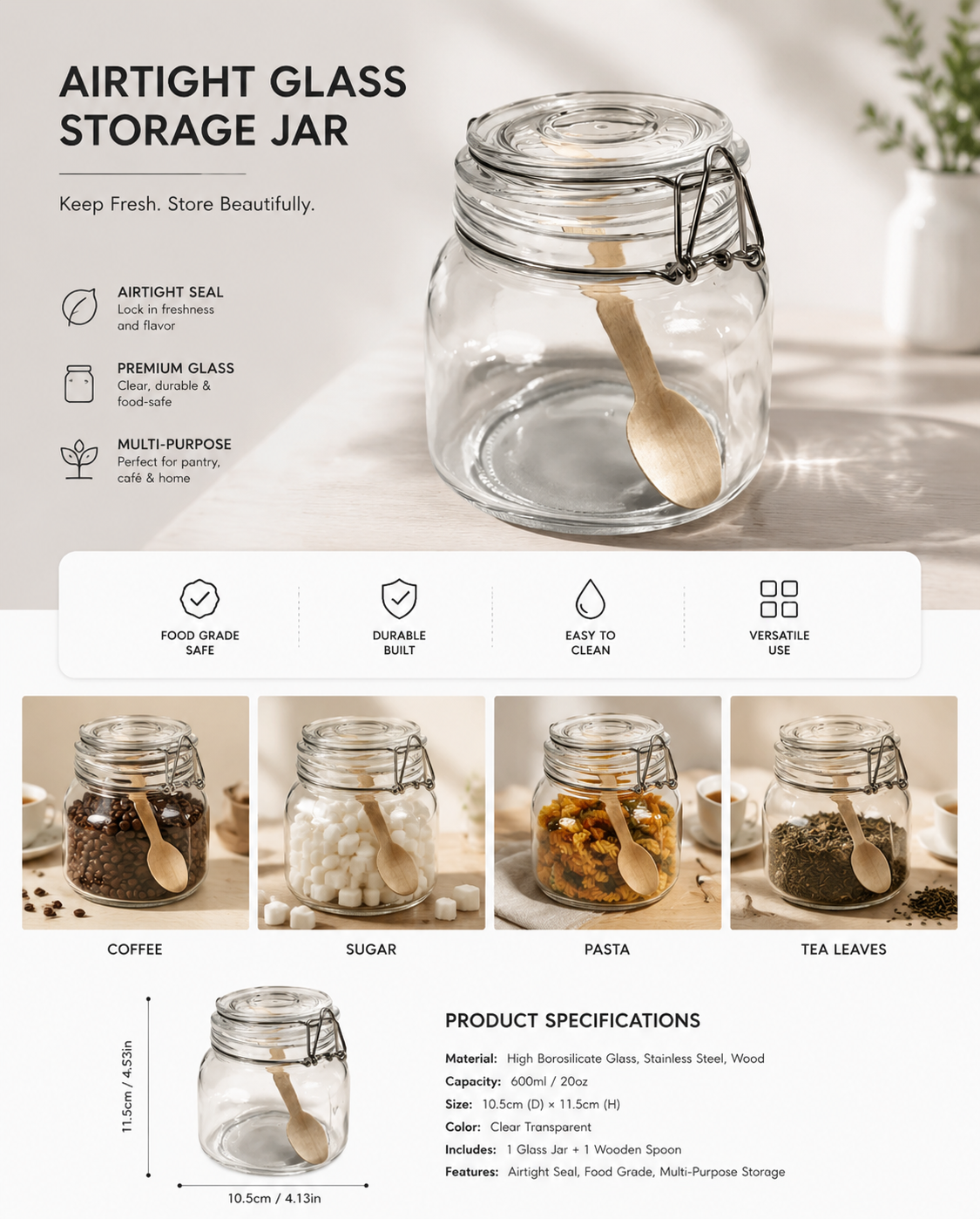 POPOSOAP Glass Jars With Airtight Lid, Airtight Canning Jars for Preserving and Pickling & Kitchen, Canning Jars with Large Capacity, Sturdy For Canning, Overnight Oats