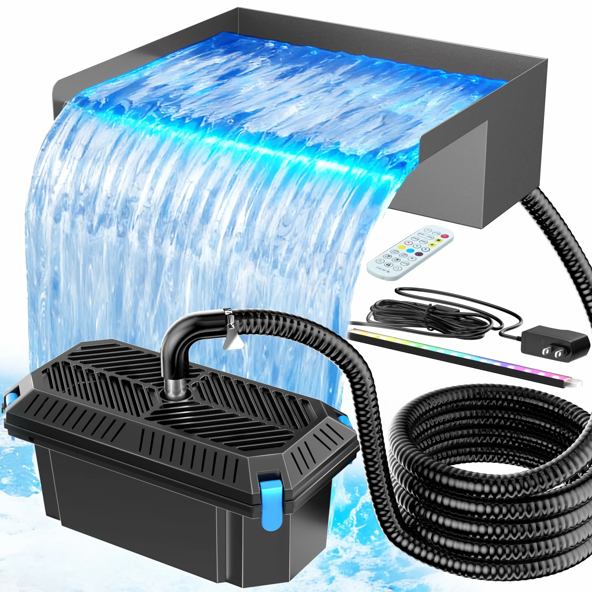 40W 660GPH Waterfall Pump Kit with 12" Spillway & Pond Filter (LED)