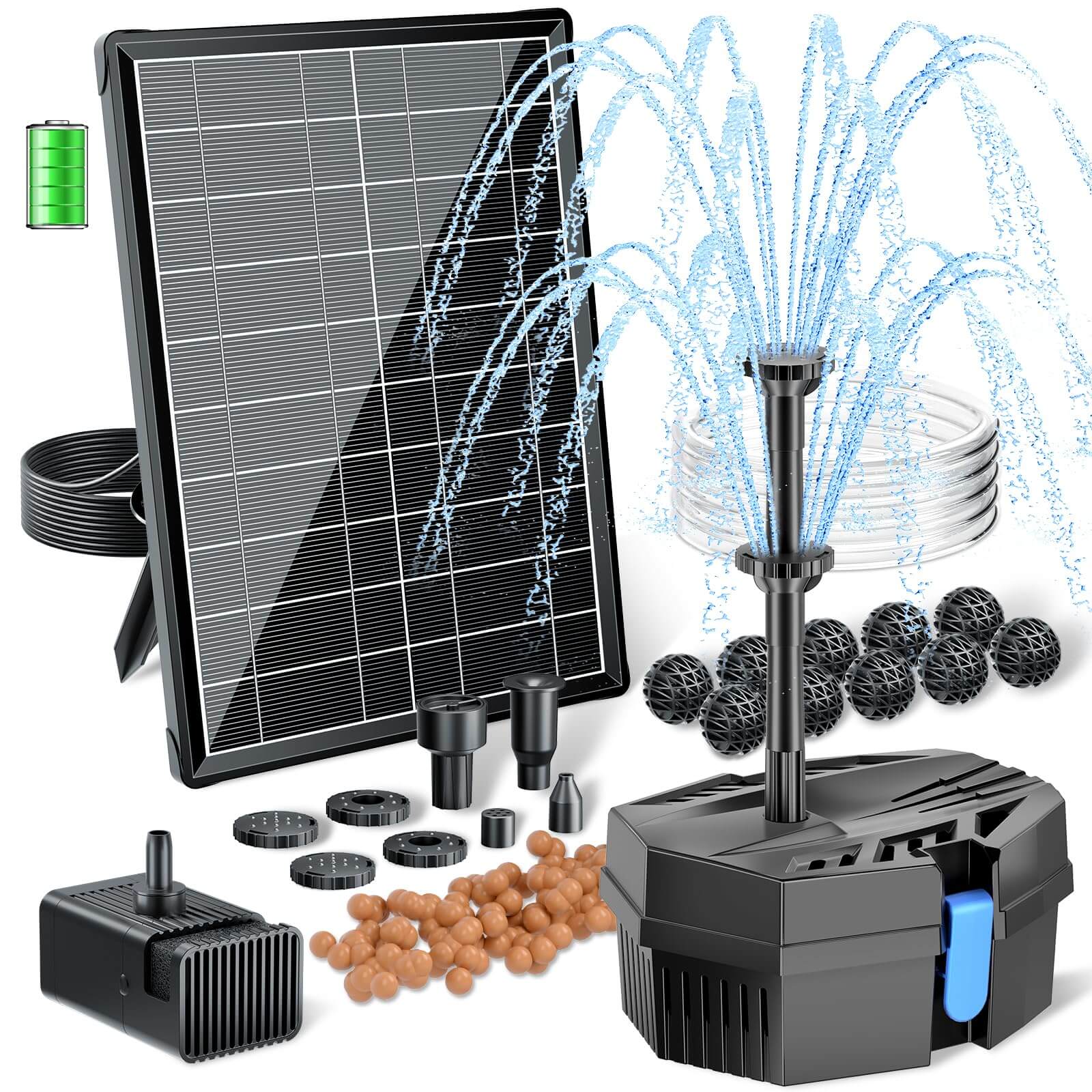 P3081D 8W 80GPH Solar Pond Filter Fountain with 3000mAh Battery Backup