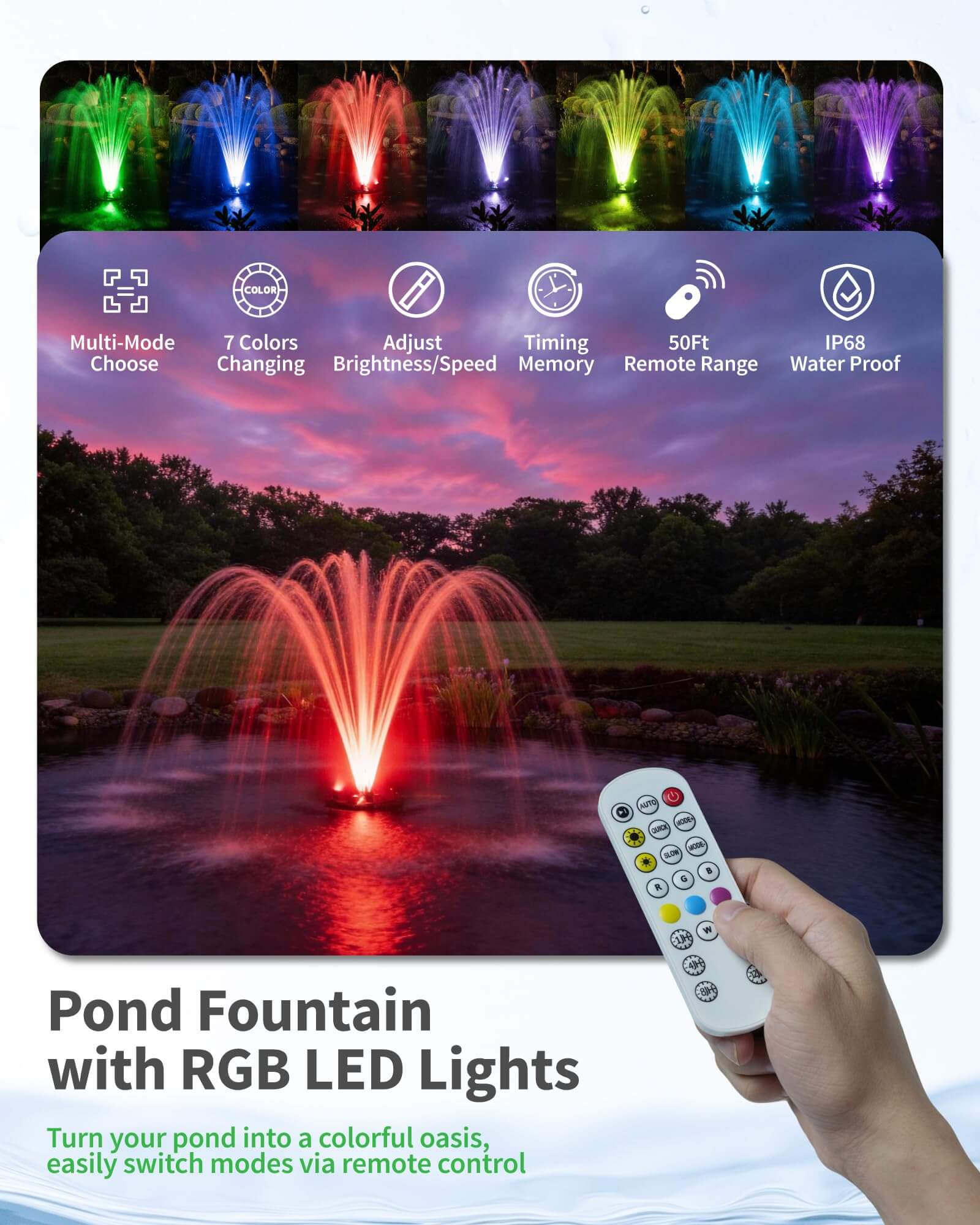 65W 1600GPH Floating Fountain with LED Light