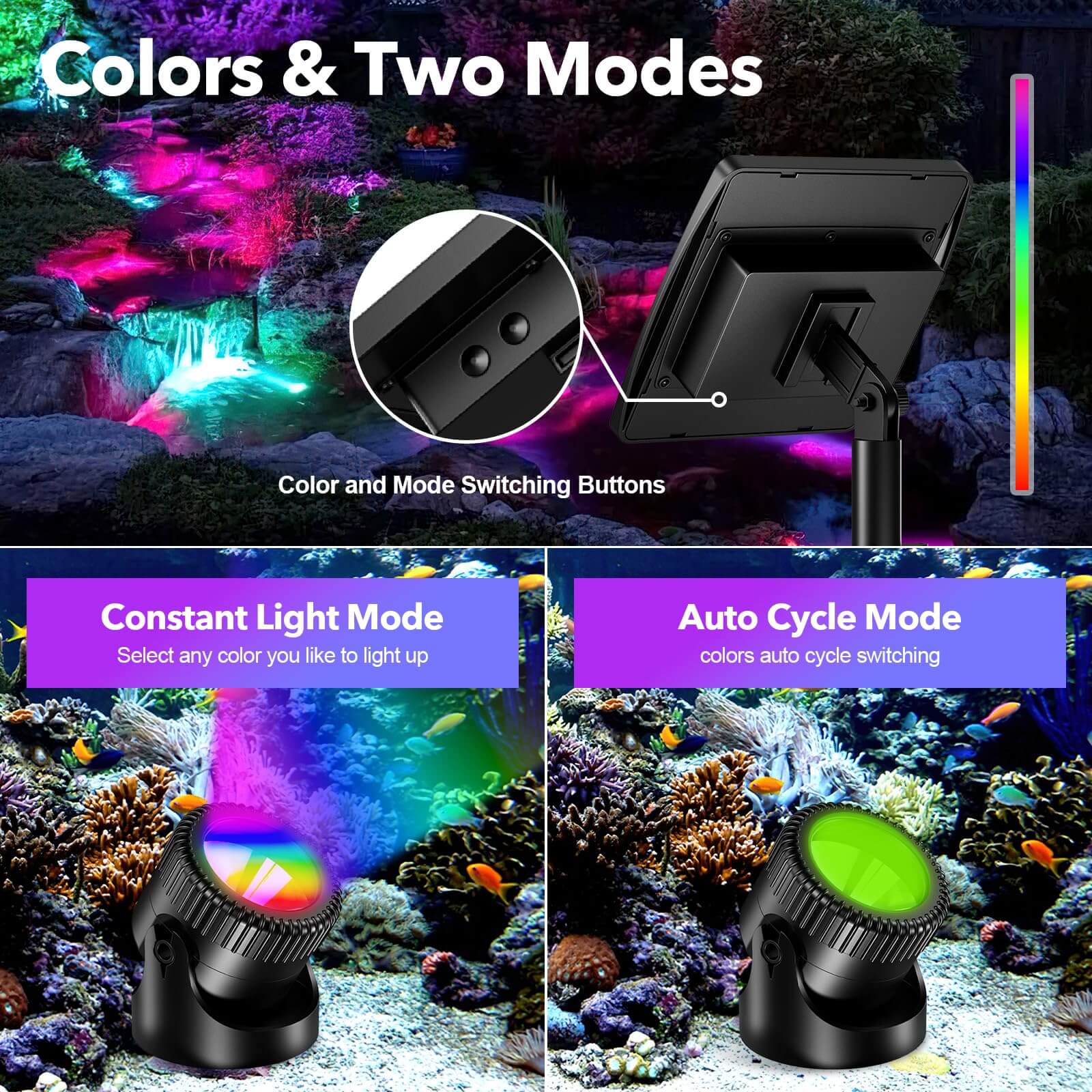 3-Head Colored Underwater Solar Pond Lights
