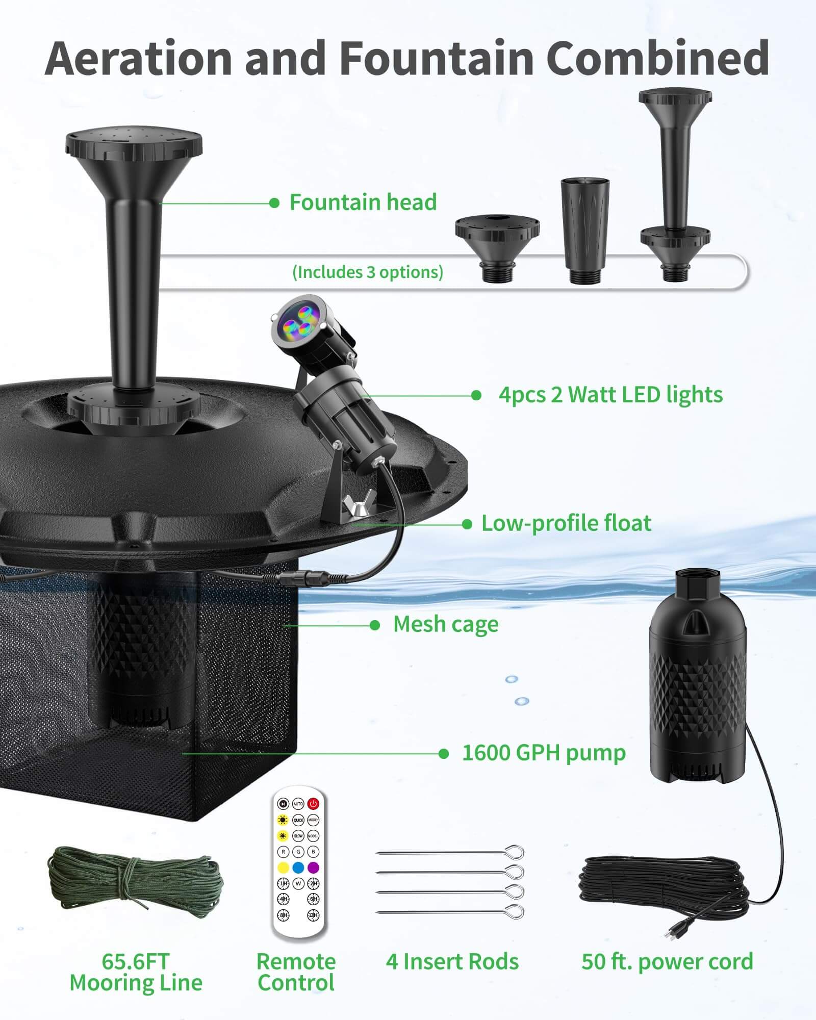 65W 1600GPH Floating Fountain with LED Light