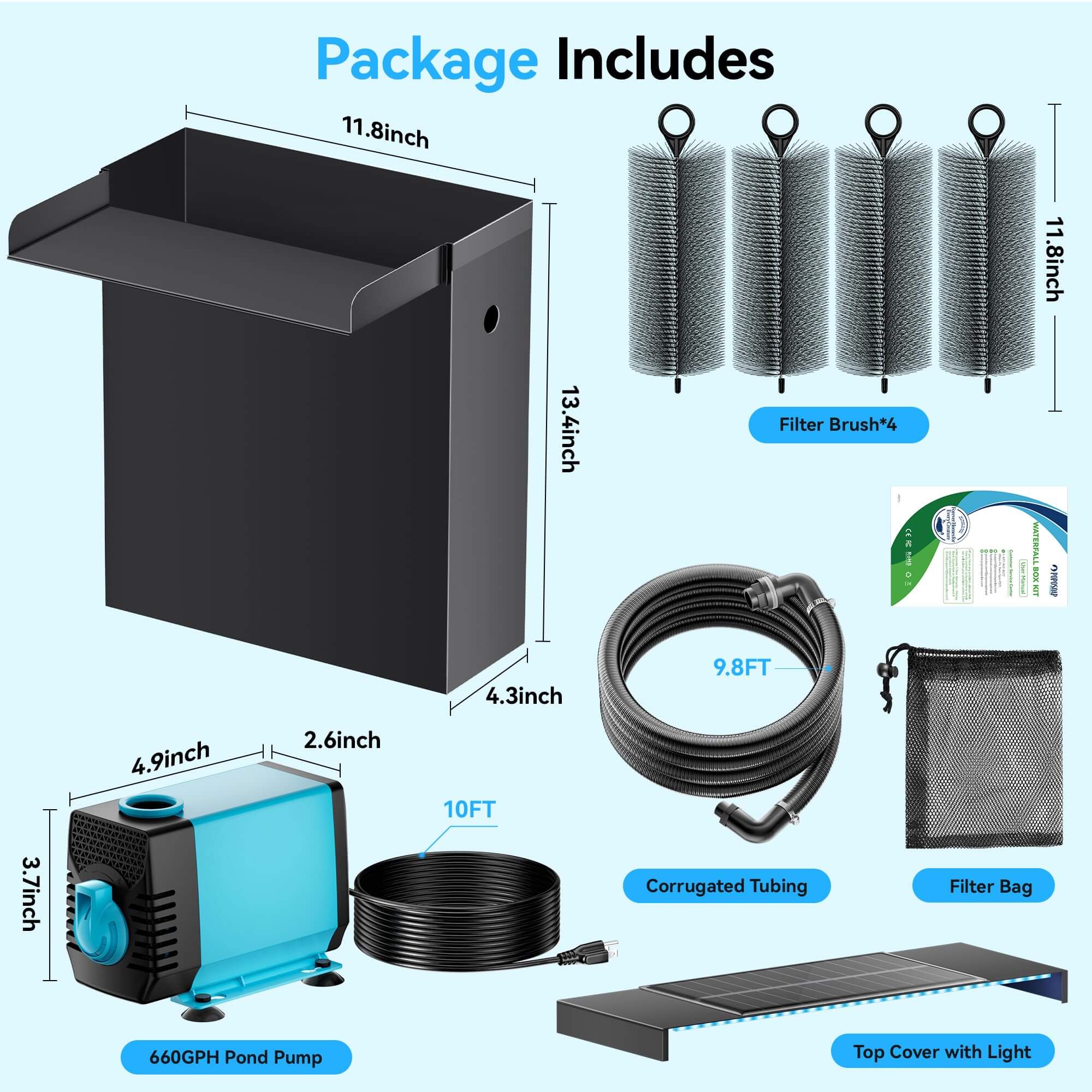 40W 660GPH Electric Waterfall Pump Kit with 12"x13.4" Spillway (LED)