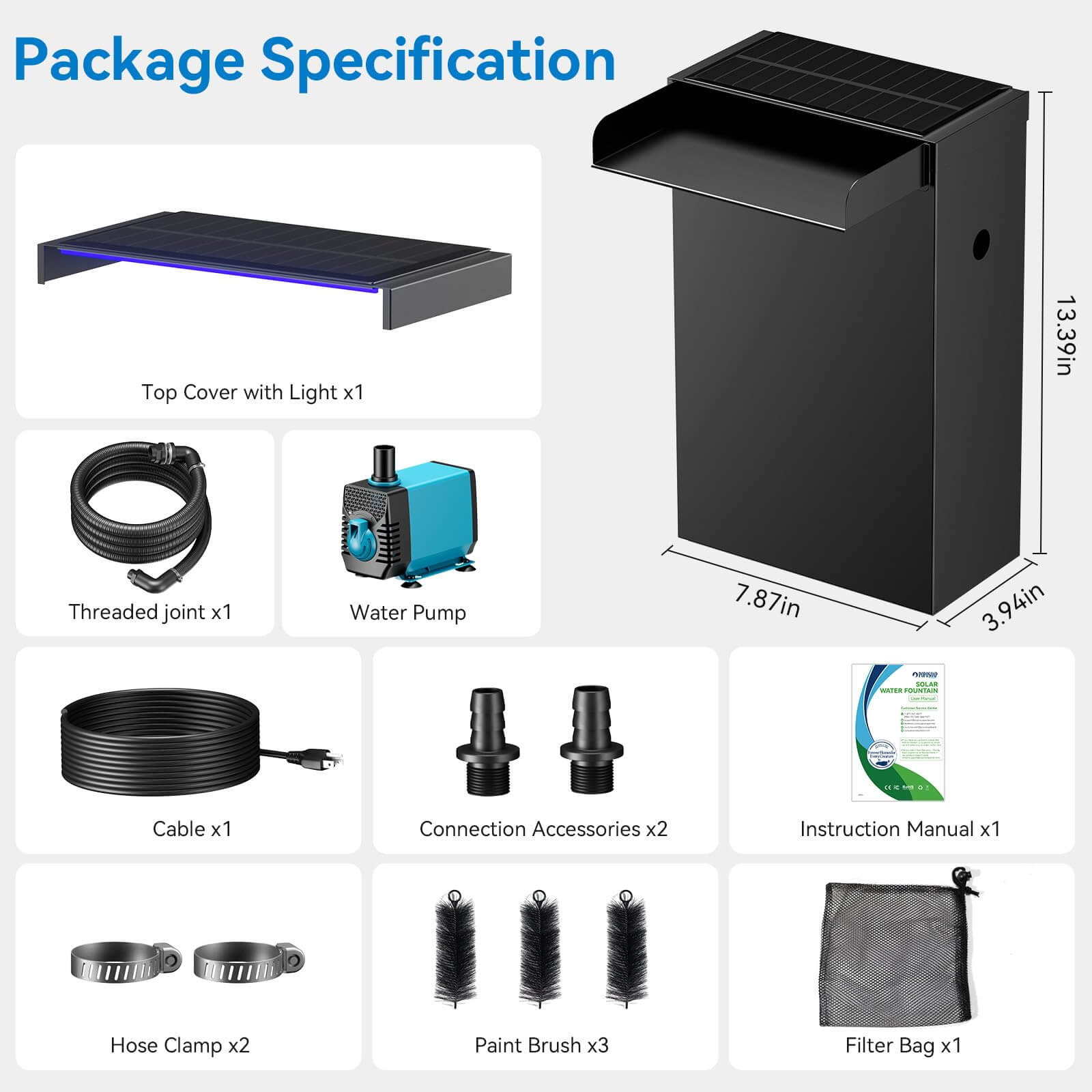 40W 660GPH Electric Waterfall Pump Kit with 8"x13.4" Spillway (LED)