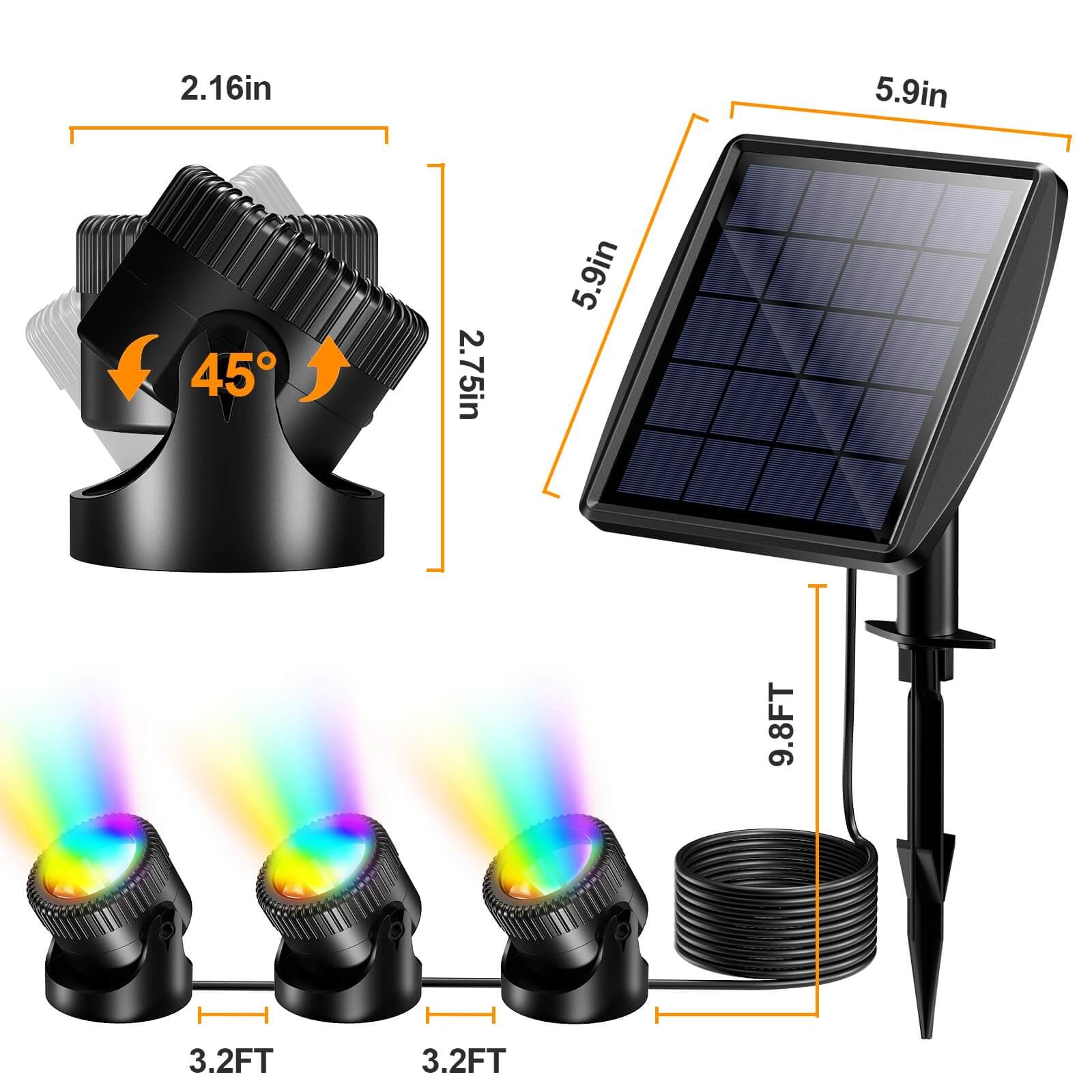 3-Head Colored Underwater Solar Pond Lights