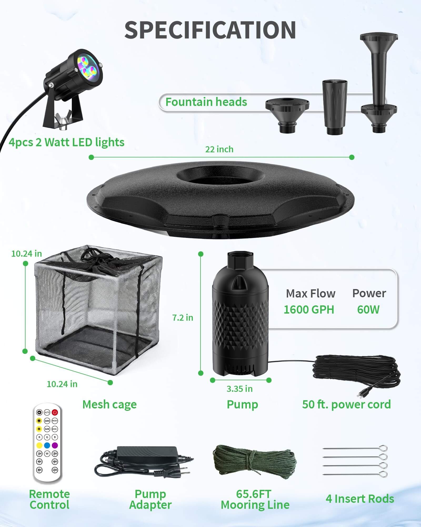 65W 1600GPH Floating Fountain with LED Light