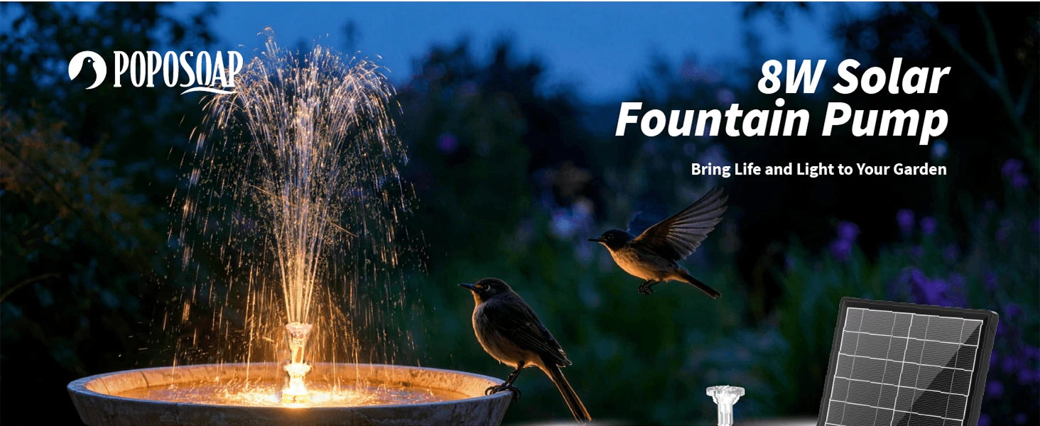 8W Solar Fountain Pump with Colorful LED Lights for Bird Bath, Garden Pond