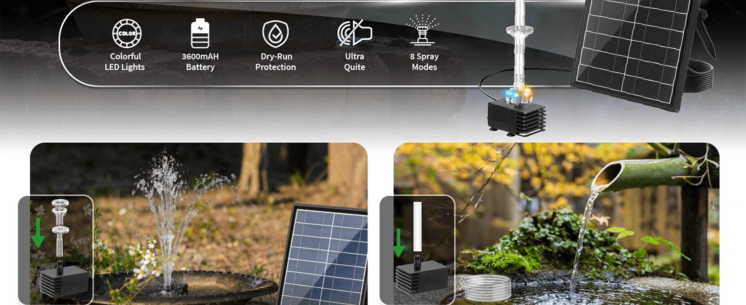 8W Solar Fountain Pump with Colorful LED Lights for Bird Bath, Garden Pond