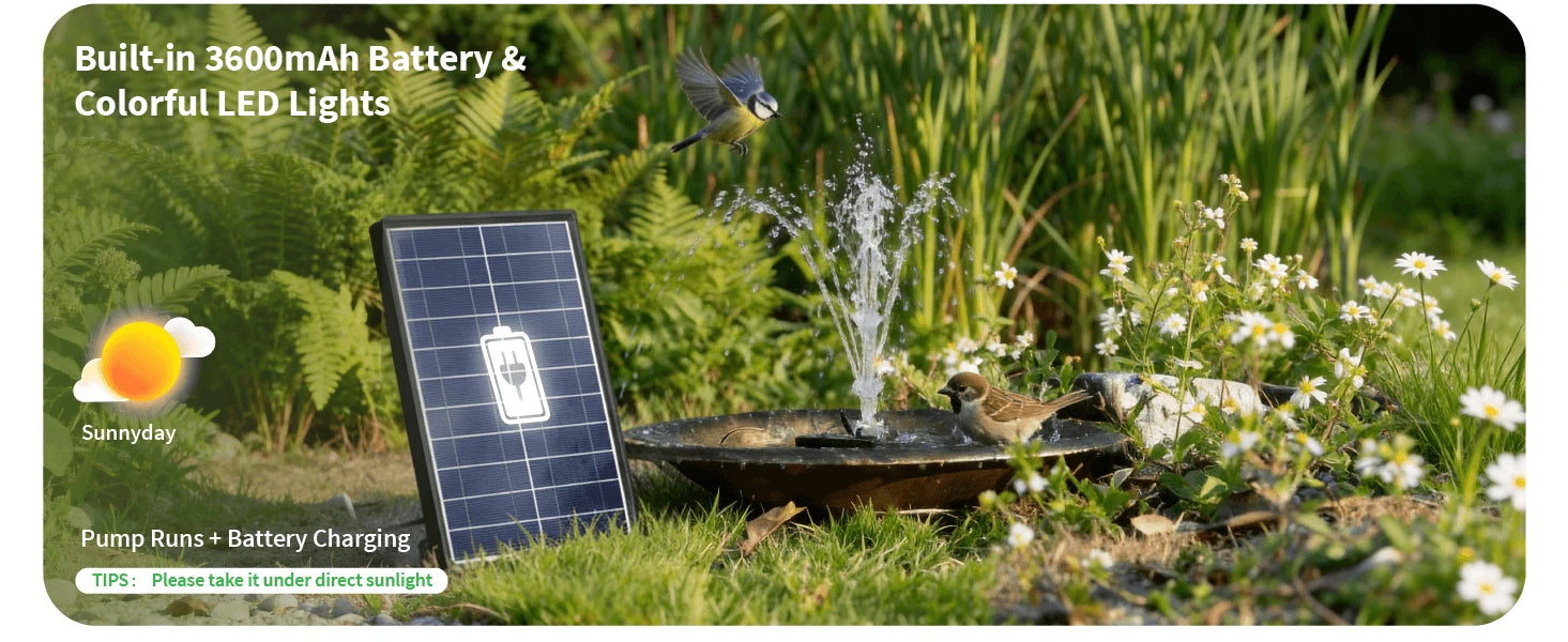 Solar Fountain Pump with 3600mAh Battery Charging in Sunlight for Bird Bath, Garden