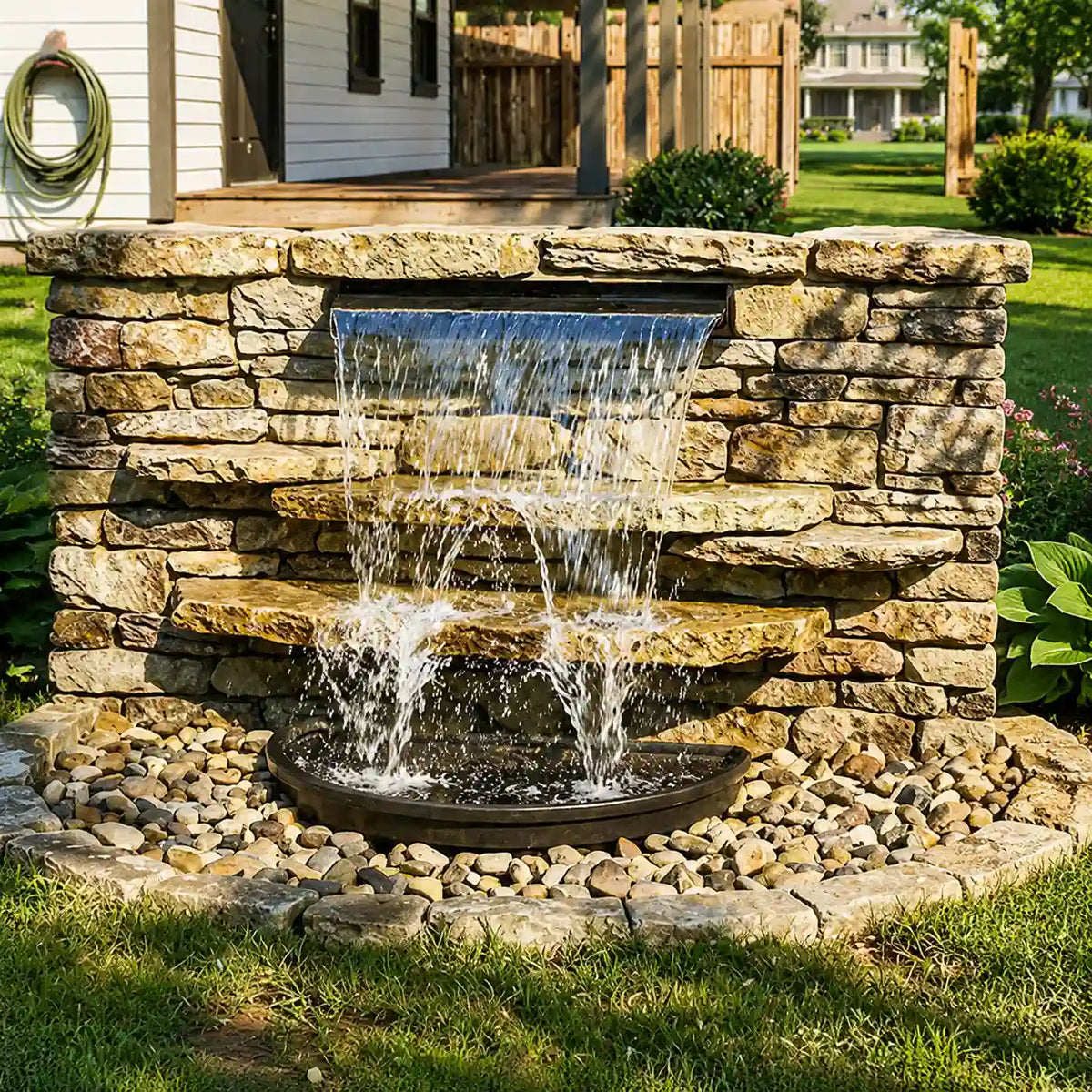 Tiered stacked stone pondless waterfall creates multi-level flowing water scenery
