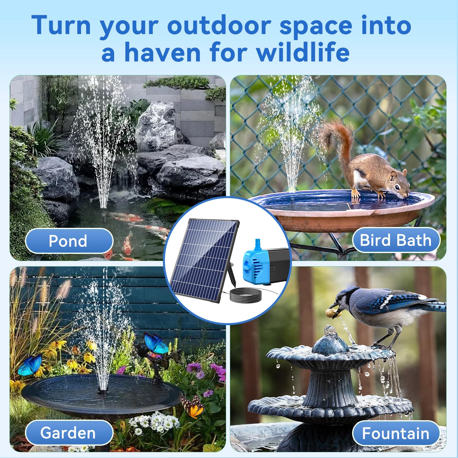 12W Solar Water Fountain Pump - 160GPH Adjustable Flow, 4 Sprayers, Black for Pond, Bird Bath, Garden and Fountain