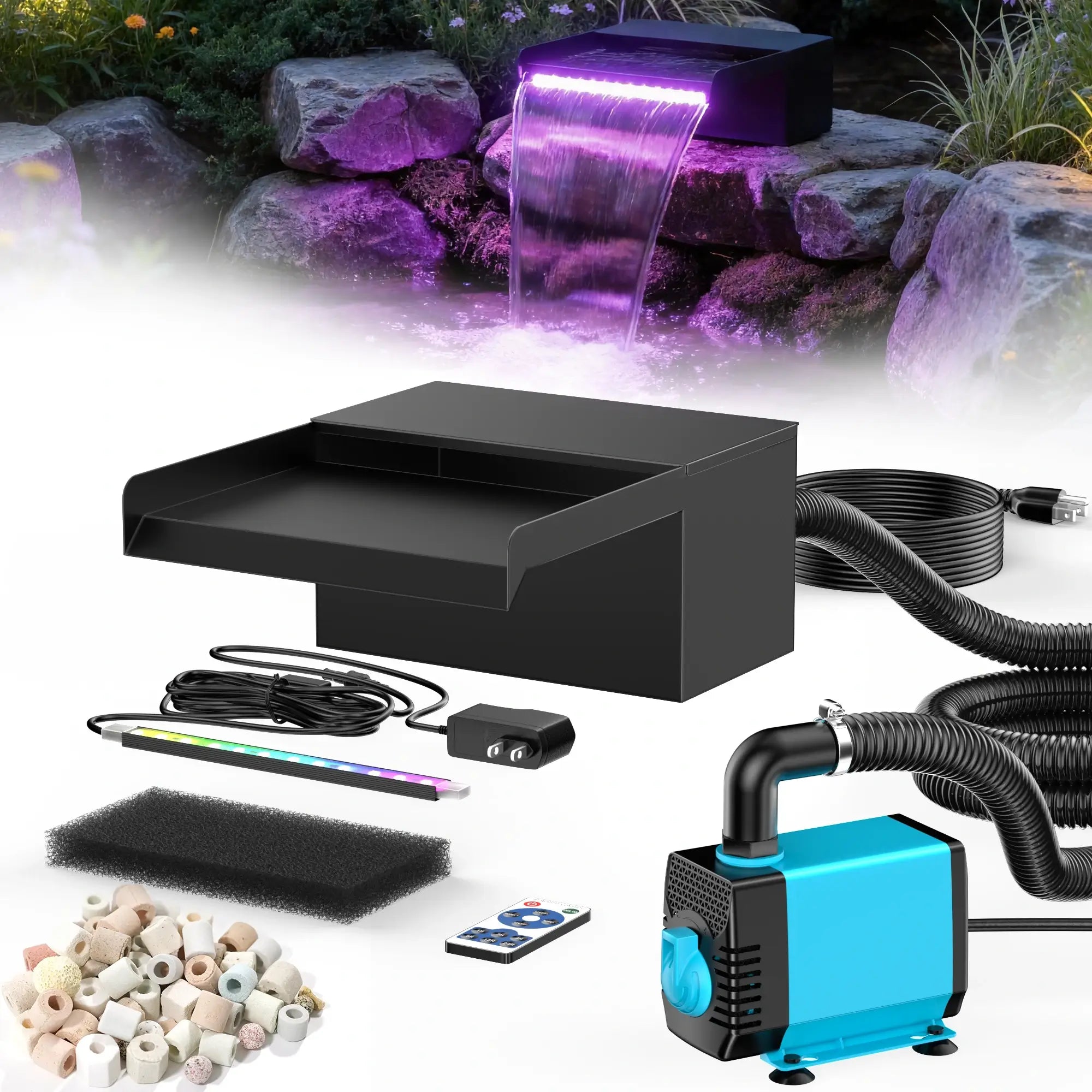 40W 660GPH Waterfall Pump Kit with 8" Spillway & Light