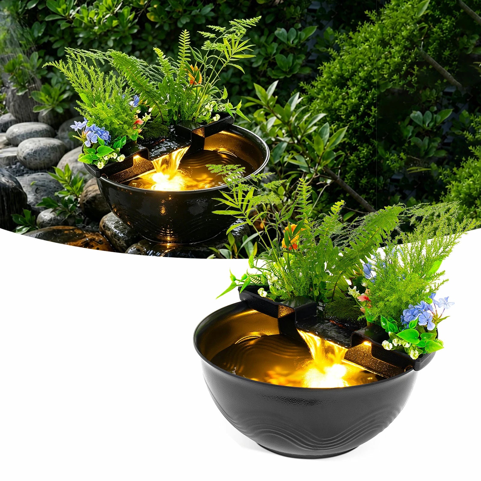 Mini-Wassergarten-Teich-Set mit Wasserfall und LED-Beleuchtung
