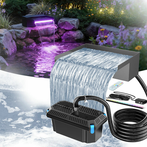 660GPH Waterfall Pump Kit with 12" Spillway & Pond  Filter (LED)