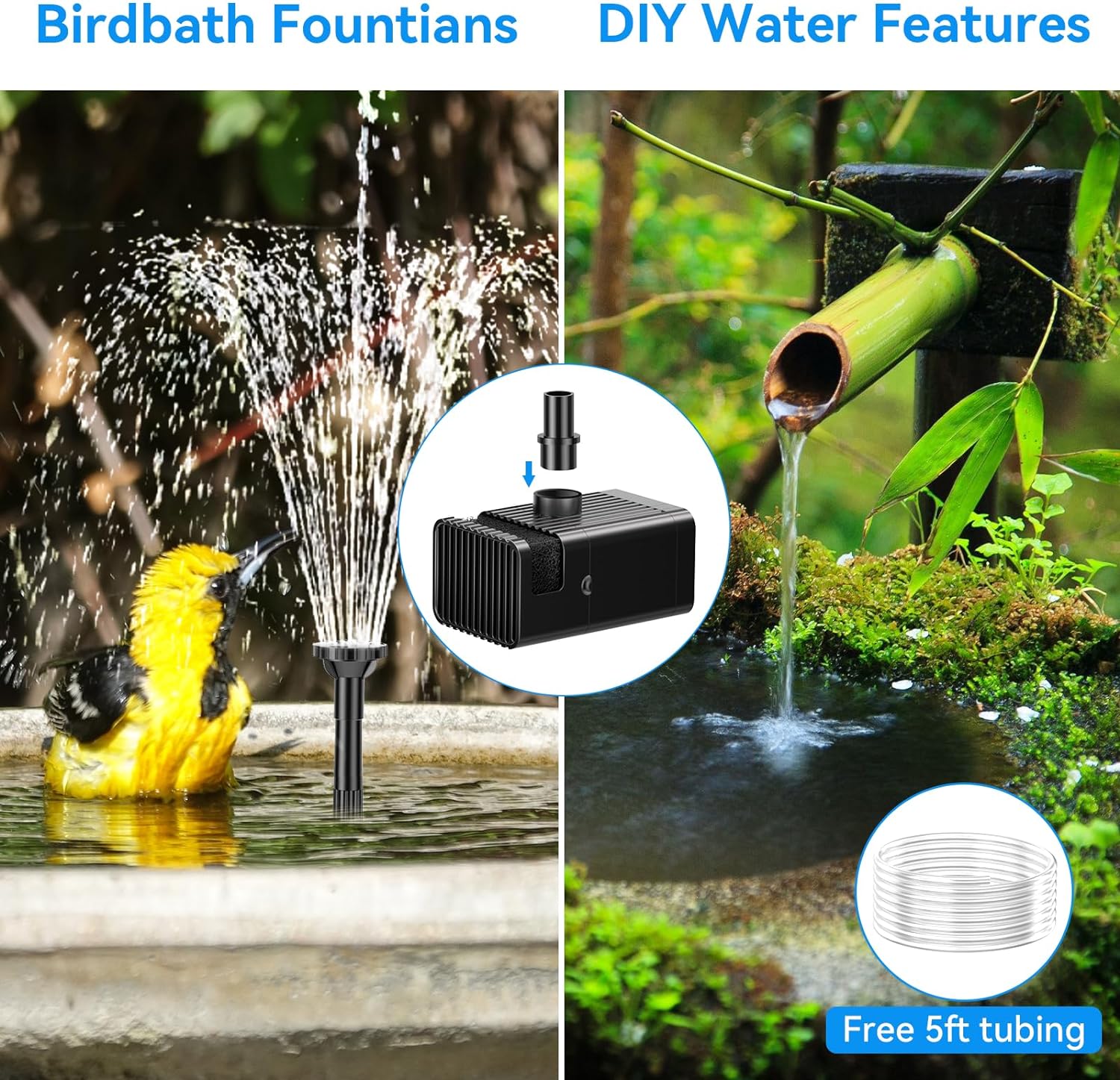 6.5W Solar Water Fountain Pump - Built-in 2400mAh Battery, 80GPH, 8 Sprayers for Birdbath and Diy Water Features