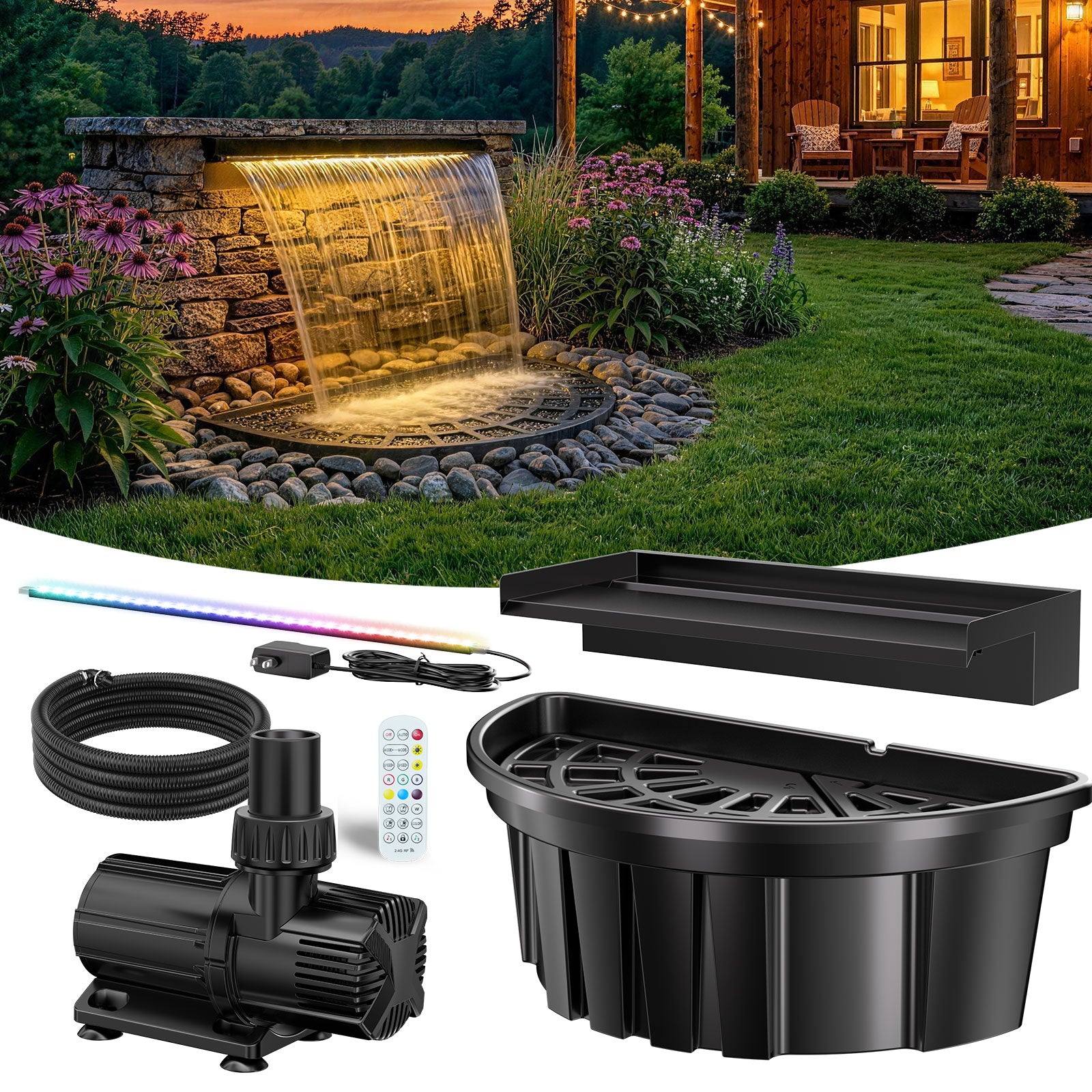 24" Electric Pondless Waterfall Kit with Light, 1600GPH
