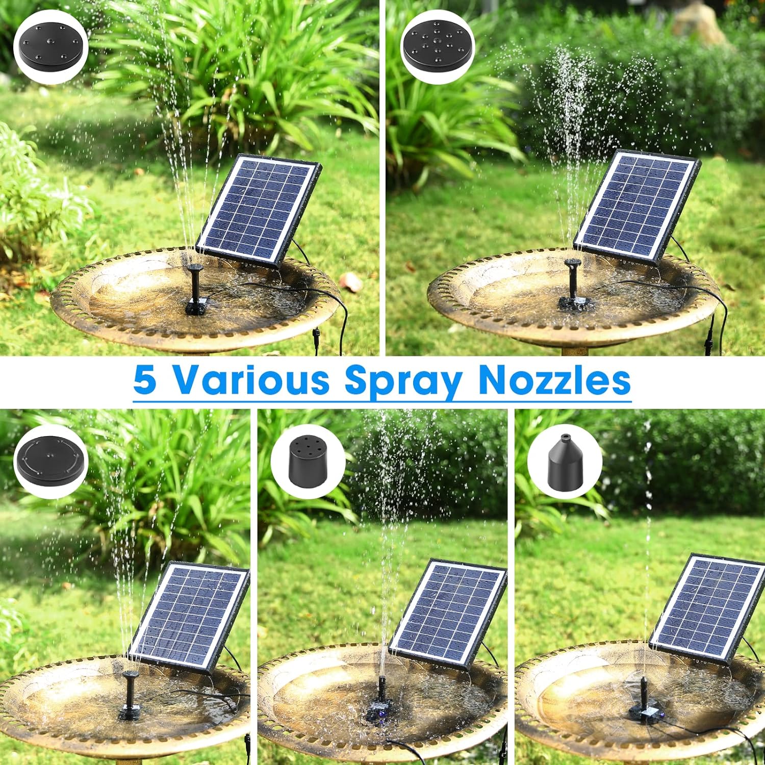 6W Solar Water Fountain Pump - 60GPH, 5 Various Nozzles 