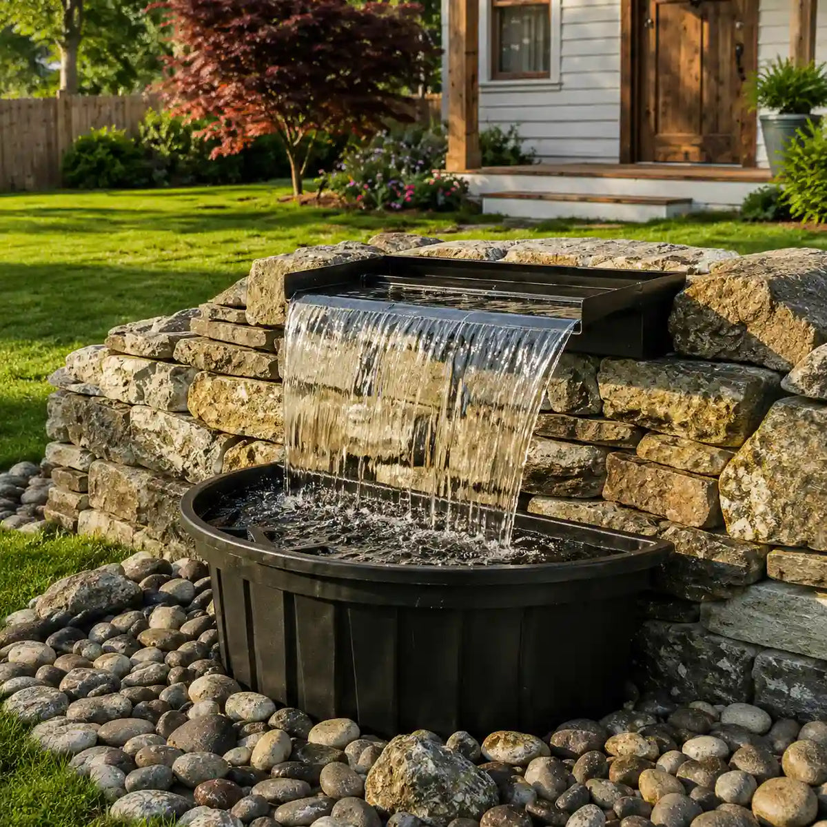 External waterfall installation for courtyard water features