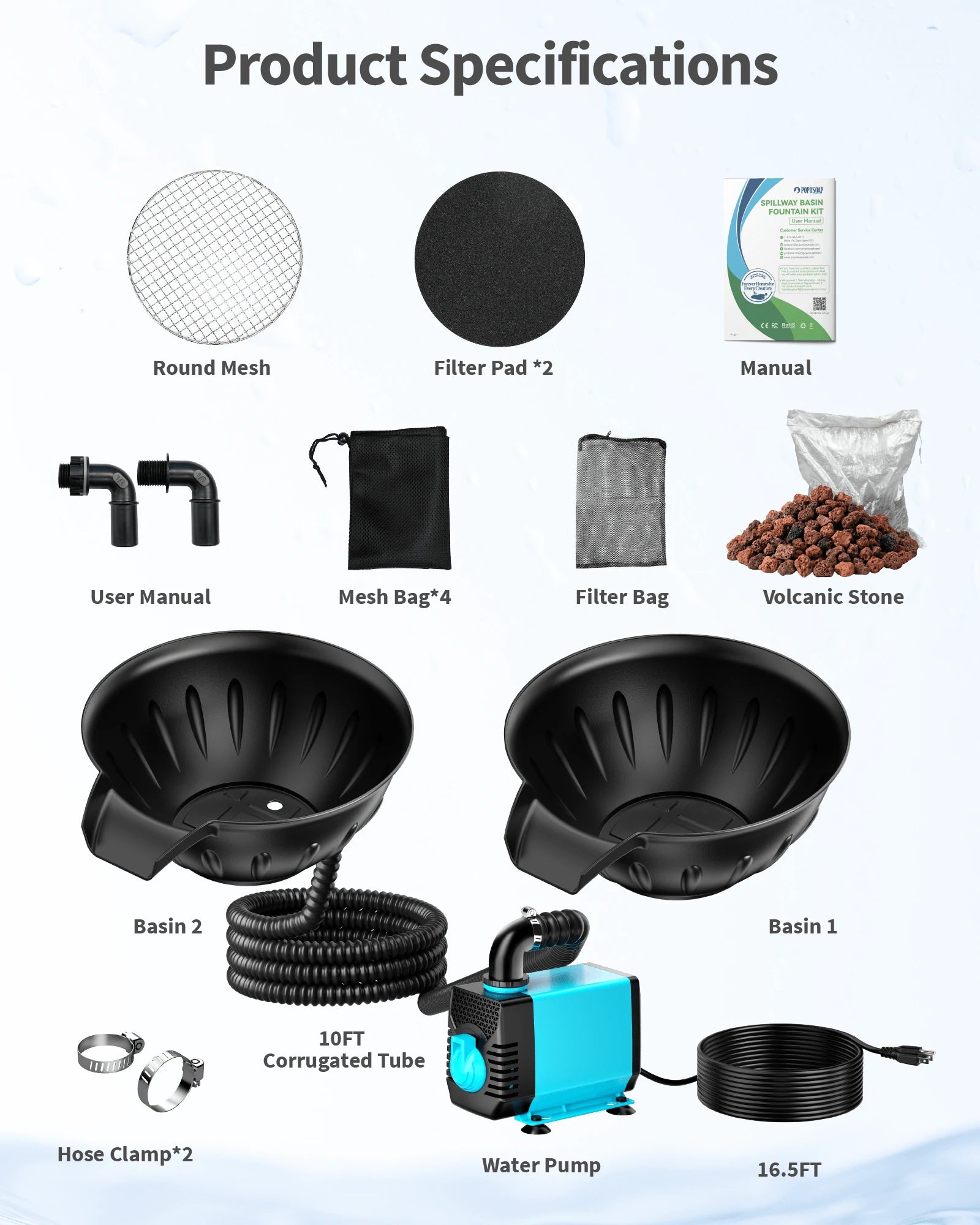 40W 660GPH Spillway Fountain Kit with 2 Basins