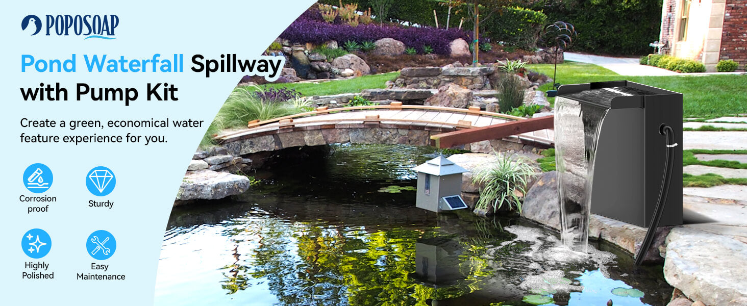Stainless Steel Waterfall Spillway with LED Lighting - Outdoor Water Feature Kit