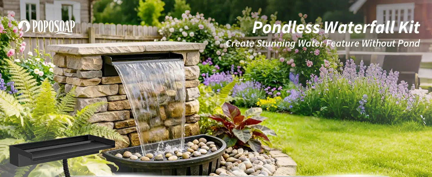 pondless waterfall kit with wide metal spillway, stacked stone garden water feature without pond, surrounded by blooming flowers, ferns and green lawn backyard landscape