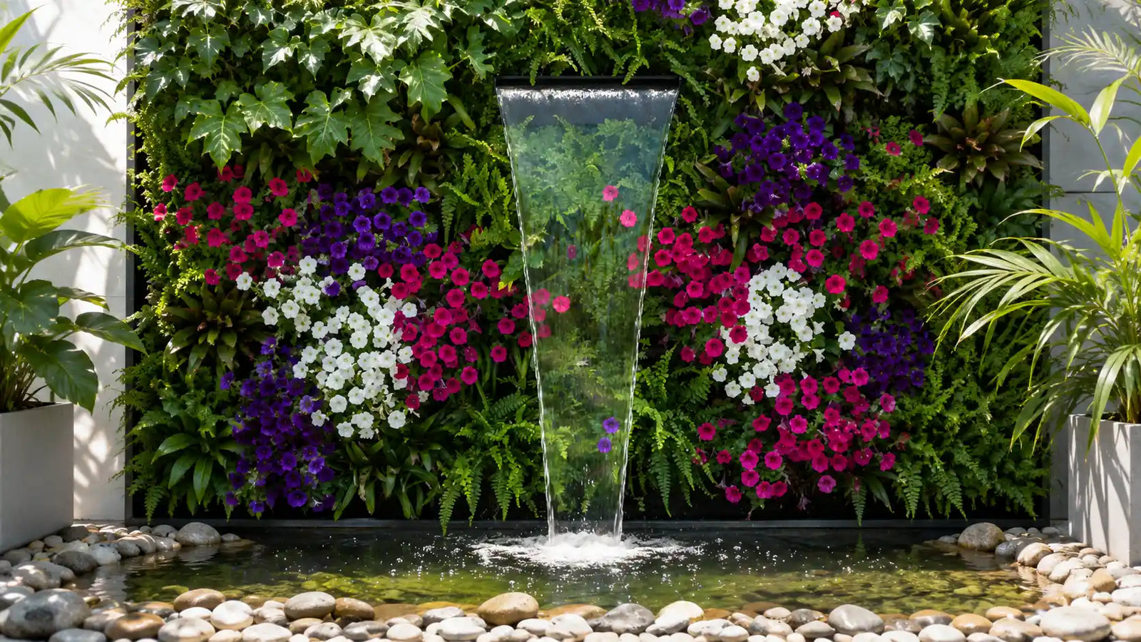 A modern patio waterfall is embedded in a lush vertical living wall densely filled with pink, white and purple blooms