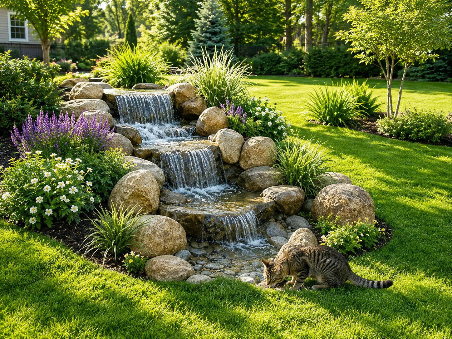 Cascading waterfall basin for pondless waterfall