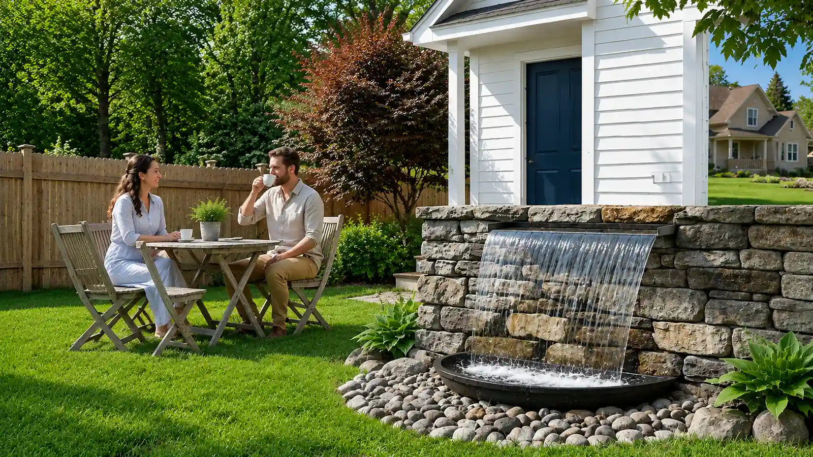 Backyard patio pondless waterfall, creates peaceful outdoor leisure space for family daily relaxation