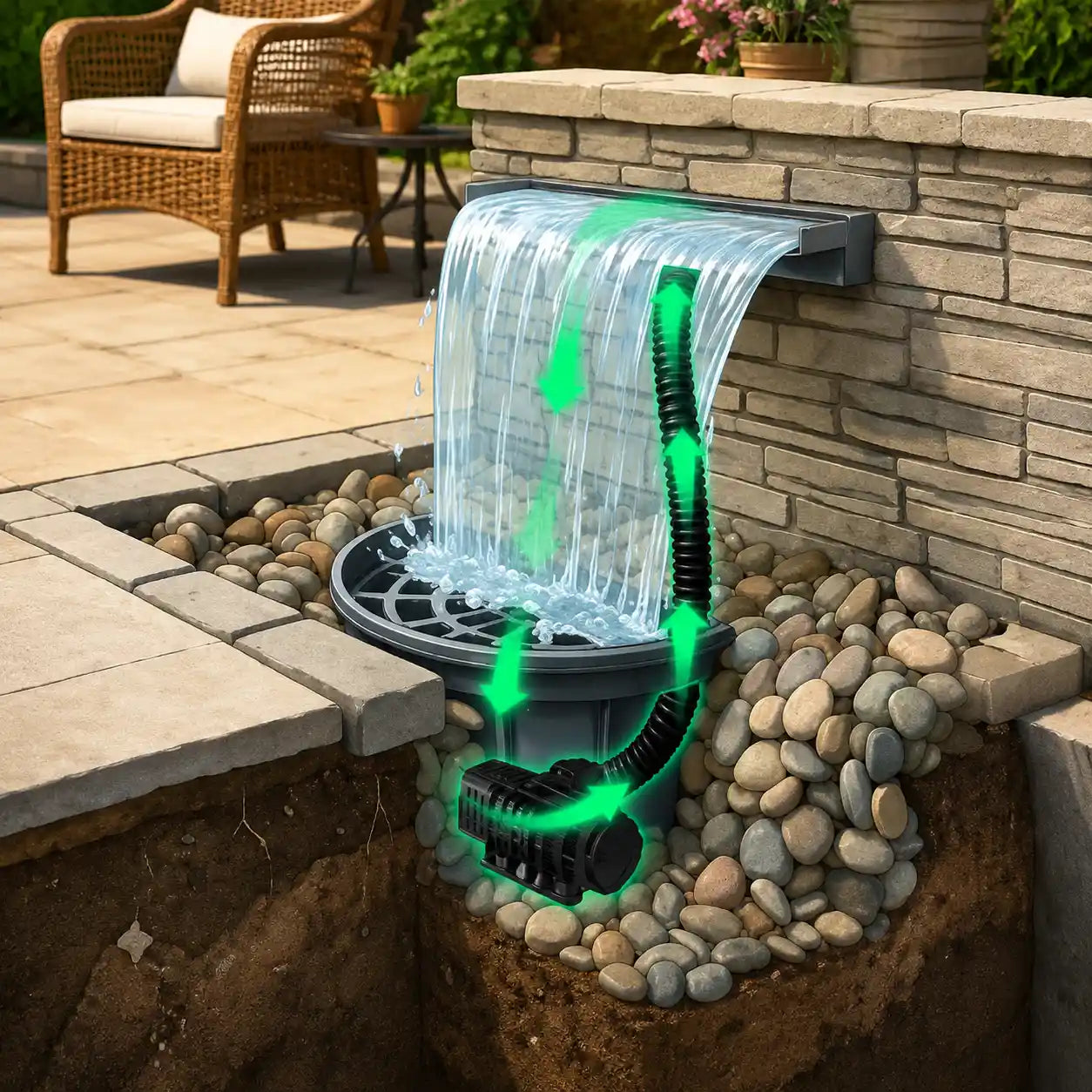 Recirculating system, minimal water evaporation loss