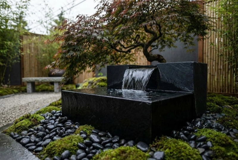 Backyard waterfall layout with stone spillway and recirculating water system