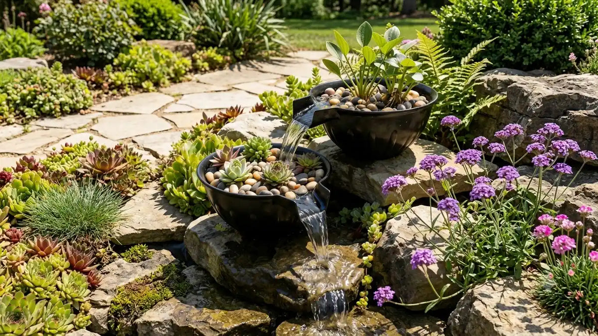 spillway bowl fountain sits on natural stone slabs
