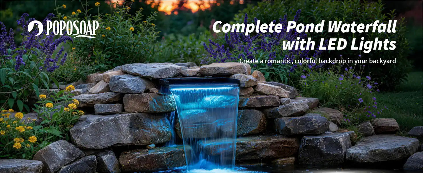 All-in-one LED lit pond small waterfall kit, vibrant colored lighting builds dreamy romantic night scenery for natural rock backyard landscapes.