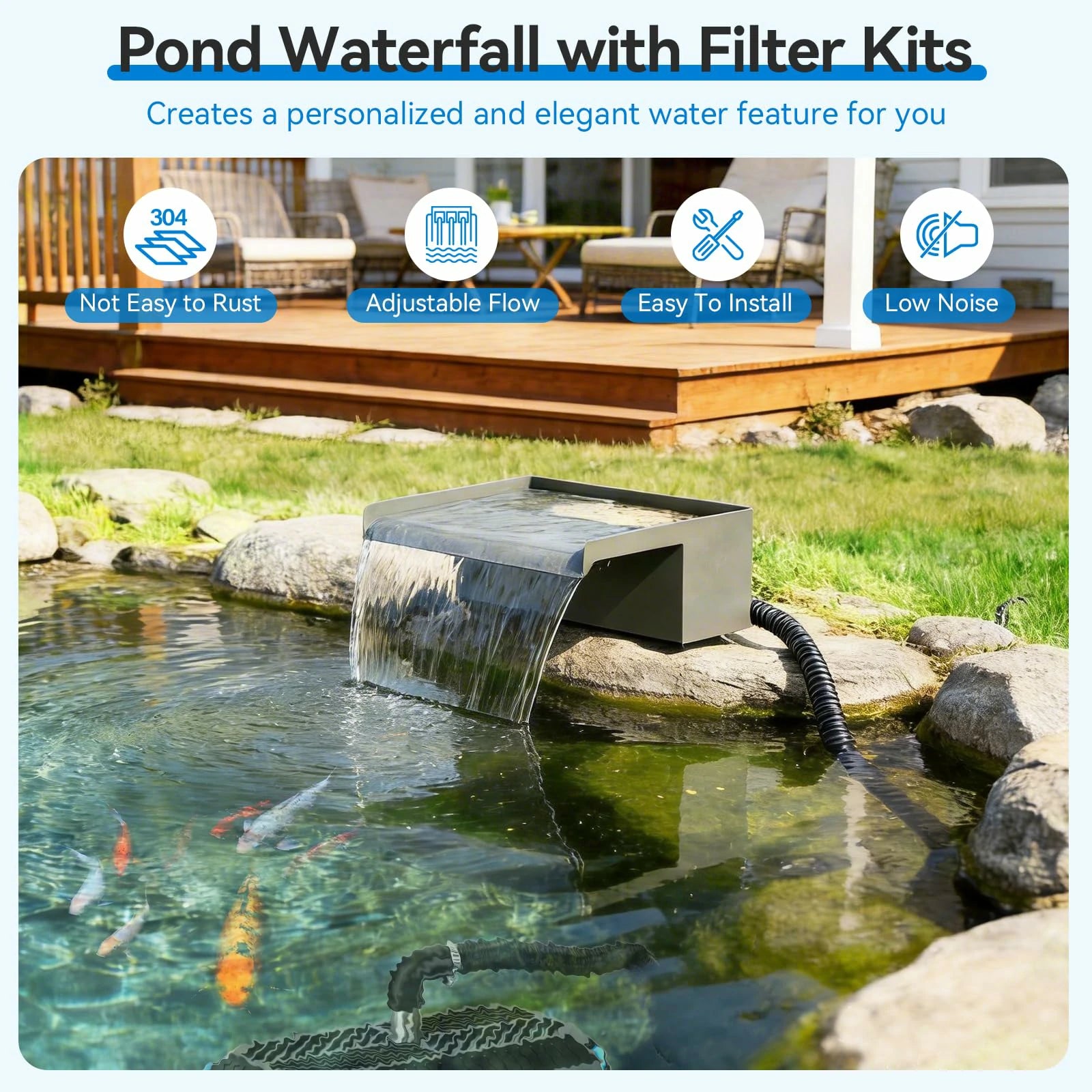 40W 660GPH Waterfall Pump Kit with 12" Spillway & Pond  Filter (LED)