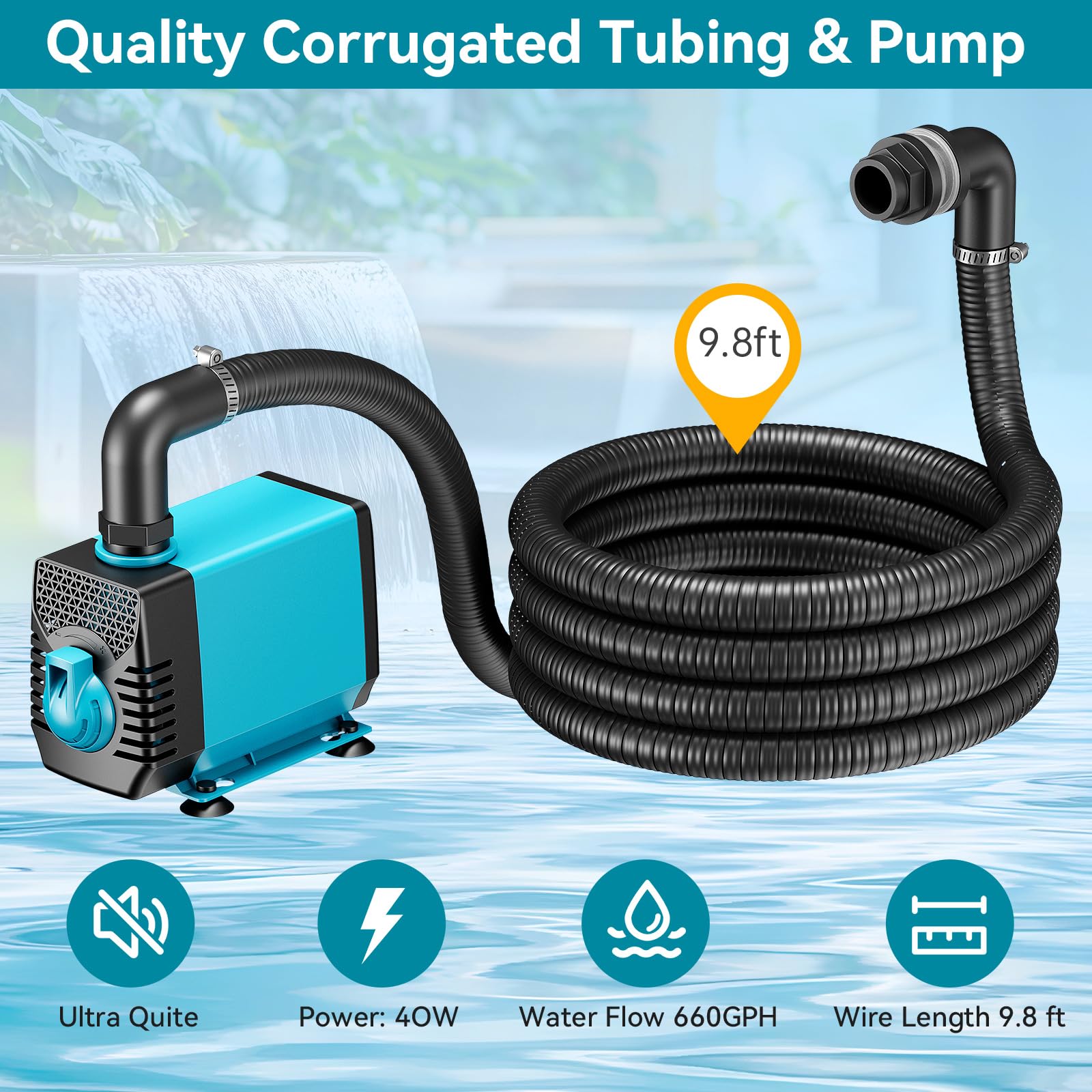 40W 660GPH Electric Waterfall Pump Kit with 12"x4.3" Spillway