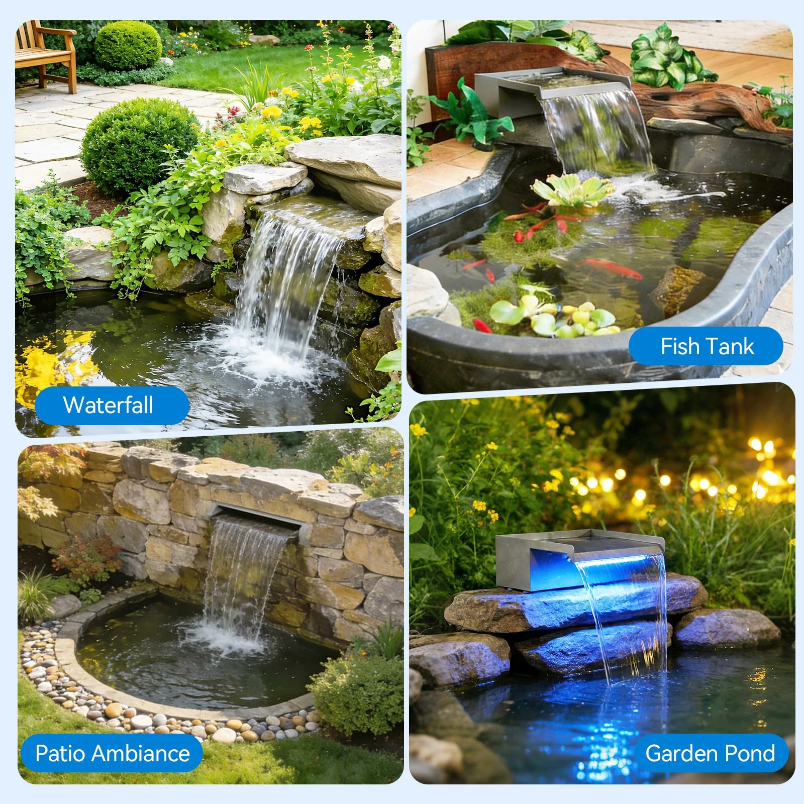 40W 660GPH Waterfall Pump Kit with 12" Spillway & Pond  Filter (LED)