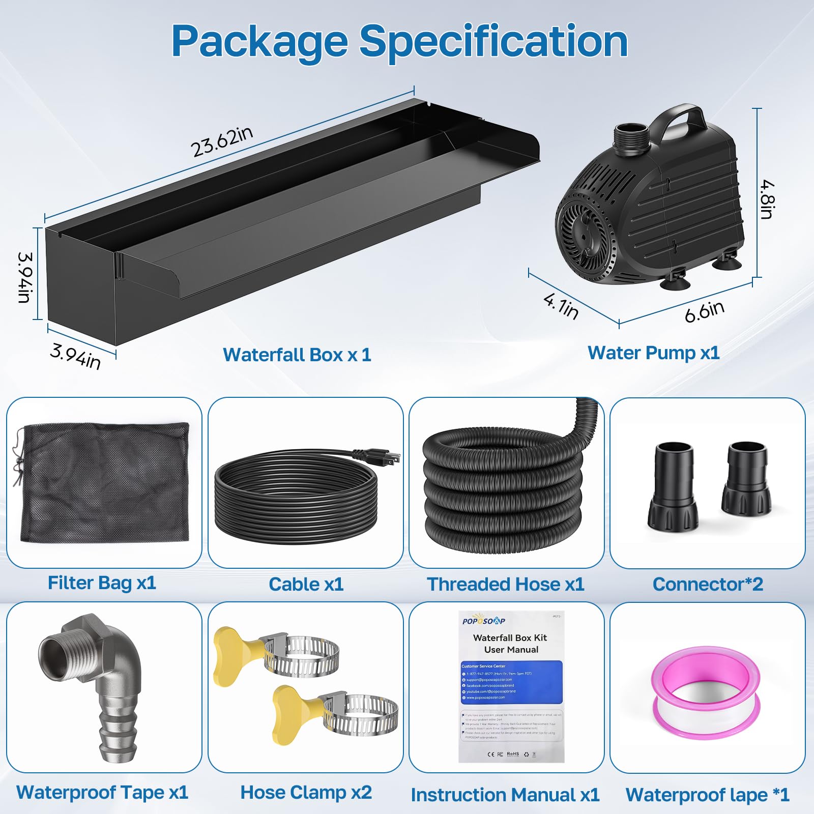 80W 1200GPH Electric Waterfall Pump Kit with 24"x4.3" Spillway