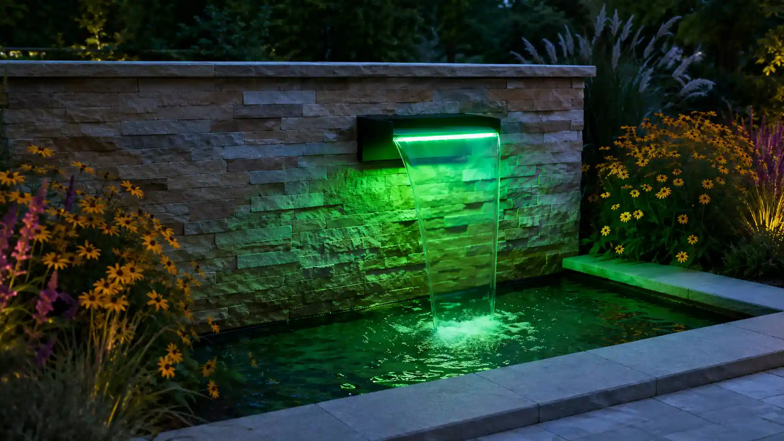 waterfall spillway with LED lighting, sleek stone wall water curtain for backyard garden pond decorative water feature.