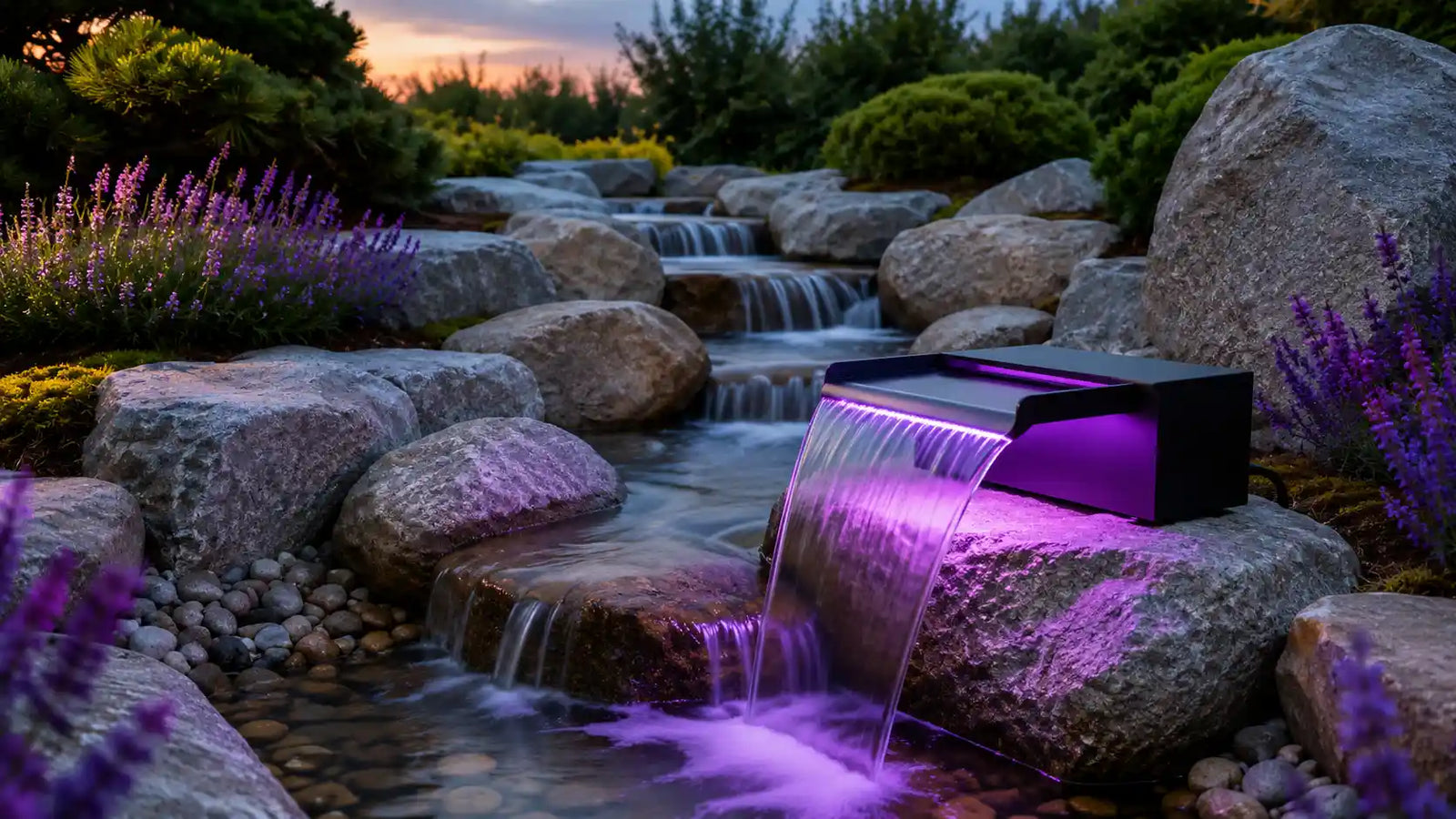 Achieve peaceful riverside serenity with our dedicated pump for waterfall in pond, patio waterfall and LED waterfall fountain. Colorful built-in LED lights cast dreamy glow over natural rock stream landscapes day and night.