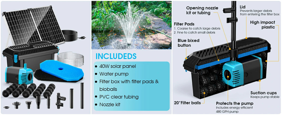 package solar powered pond pump and filter