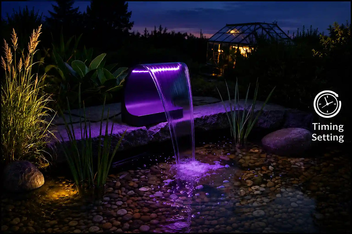 Night scene of ponds and waterfalls for the backyard