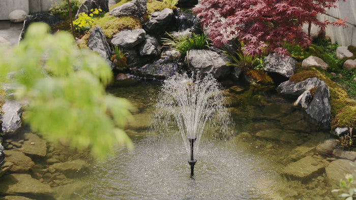 POPOSOAP solar water feature in a garden pond